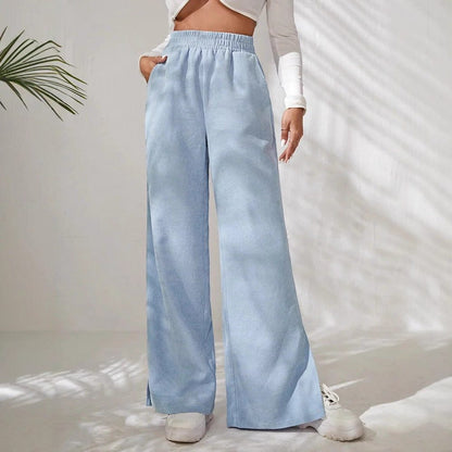Women's Elasticated Wide-Leg Corduroy Trousers with Side Slits