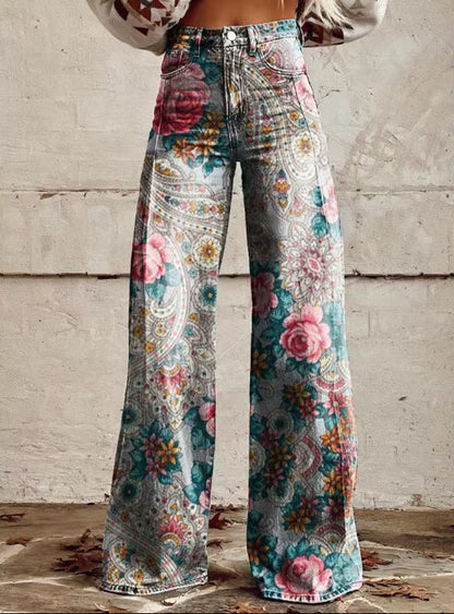 Women's Printed High-Waisted Wide-Leg Jeans