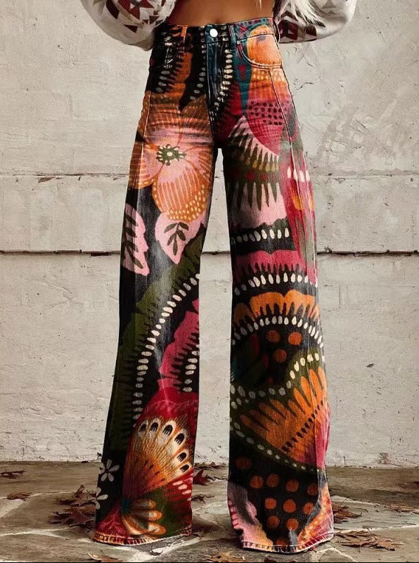 Women's Printed High-Waisted Wide-Leg Jeans