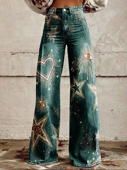 Women's Printed High-Waisted Wide-Leg Jeans