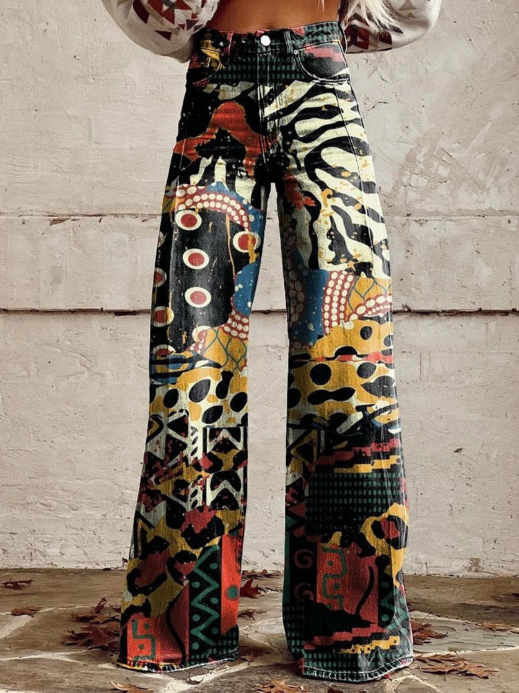 Women's Retro Printed High-Waisted Flared Trousers