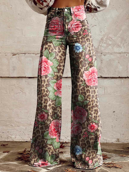 Women's Retro Printed High-Waisted Flared Trousers