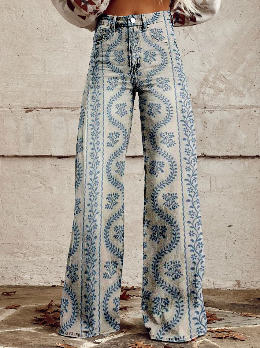 Women's Retro Printed High-Waisted Flared Trousers
