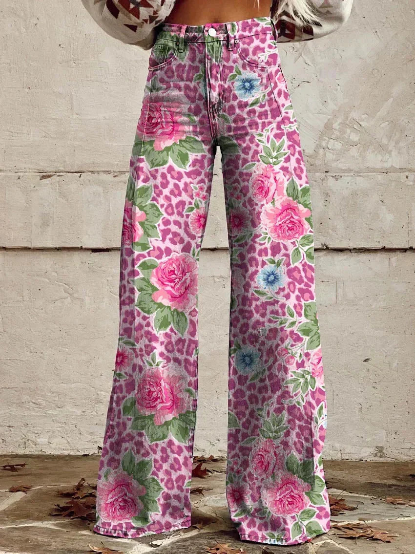 Women's Retro Printed High-Waisted Flared Trousers