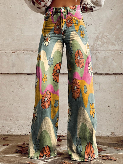 Women's Retro Printed High-Waisted Flared Trousers