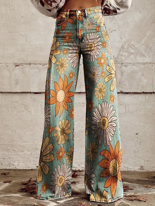 Women's Retro Printed High-Waisted Flared Trousers