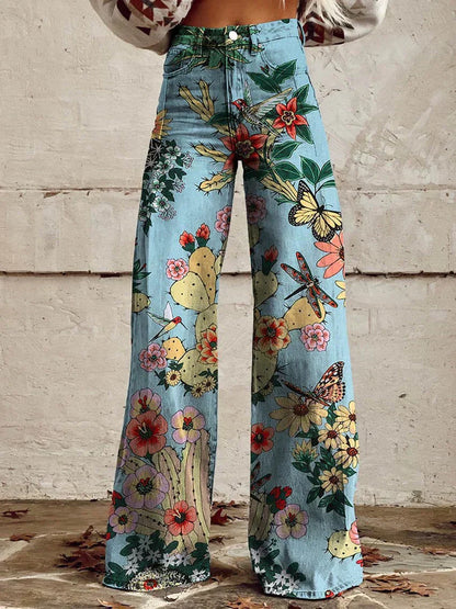 Women's Retro Printed High-Waisted Flared Trousers