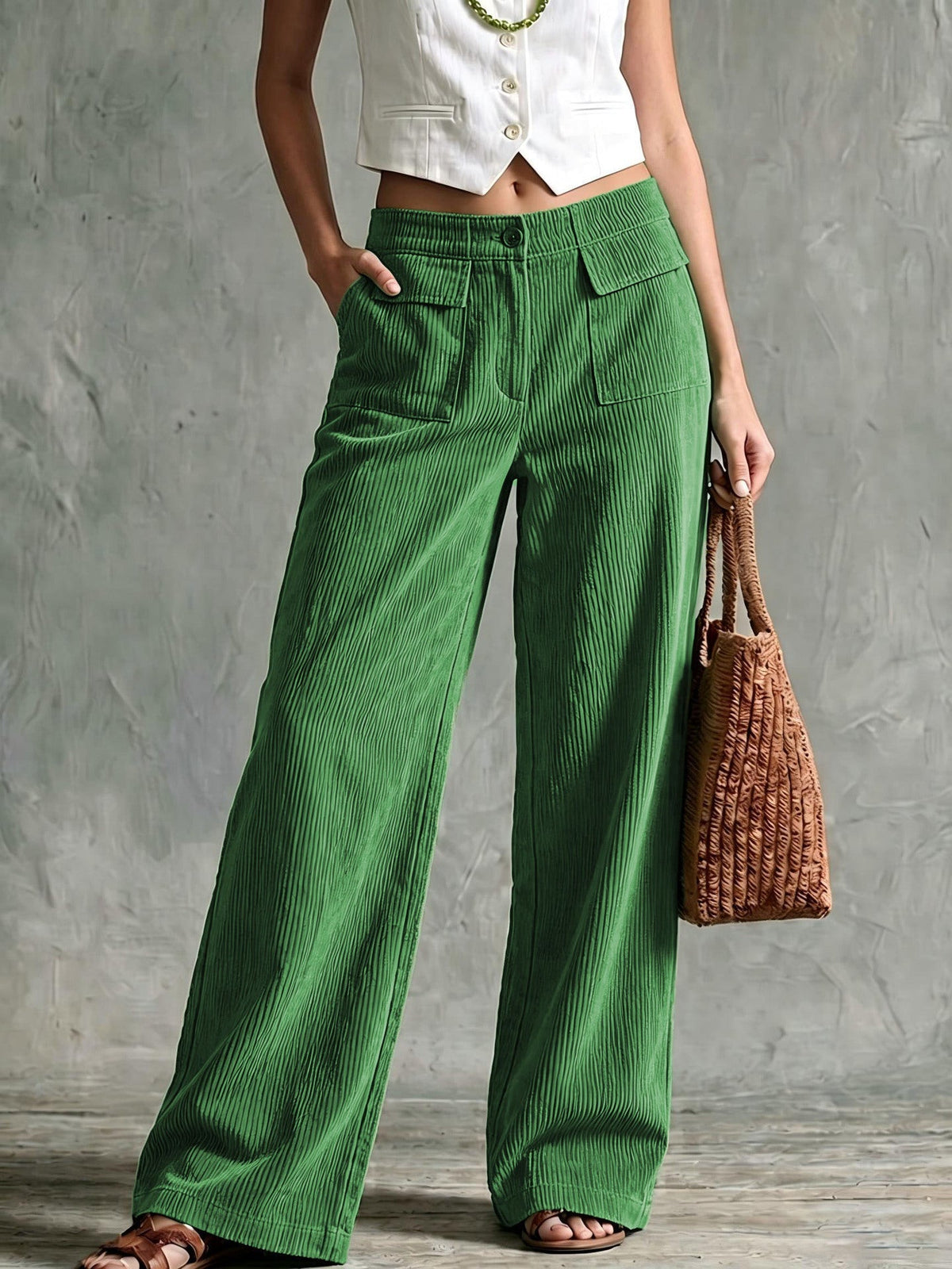 Women's Relaxed Wide-Leg Corduroy Trousers with Patch Pockets