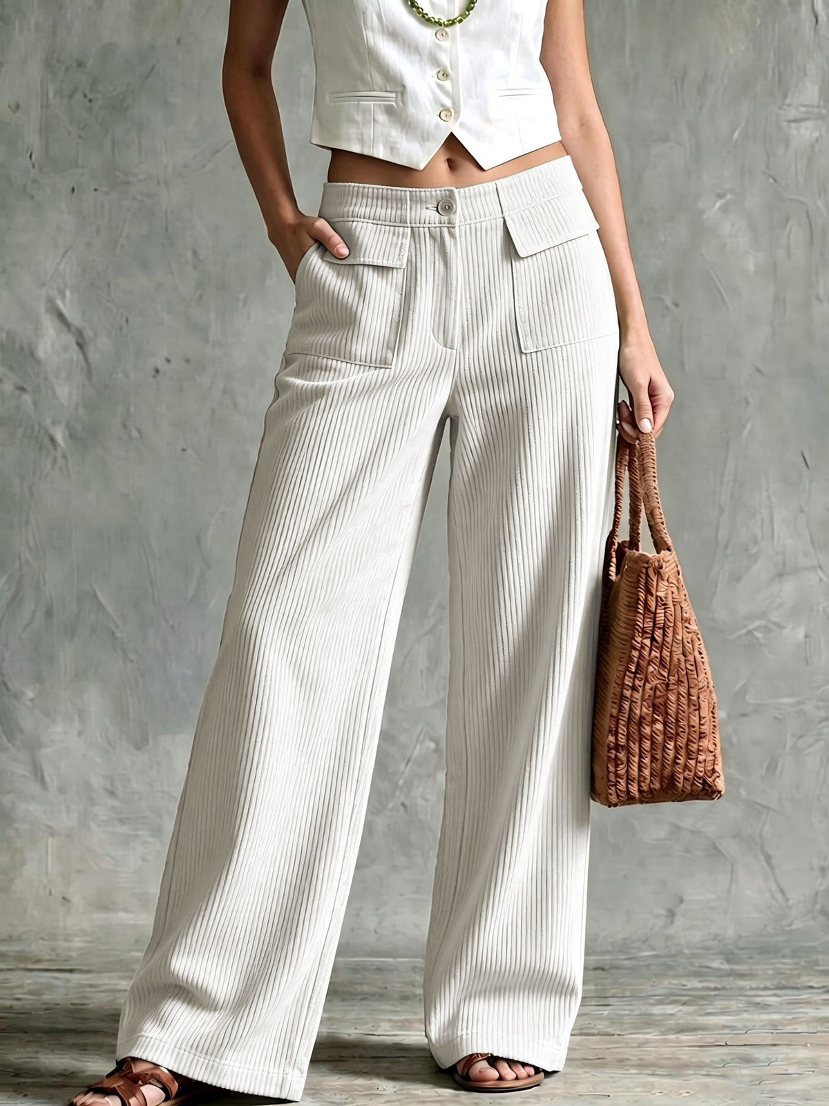Women's Relaxed Wide-Leg Corduroy Trousers with Patch Pockets
