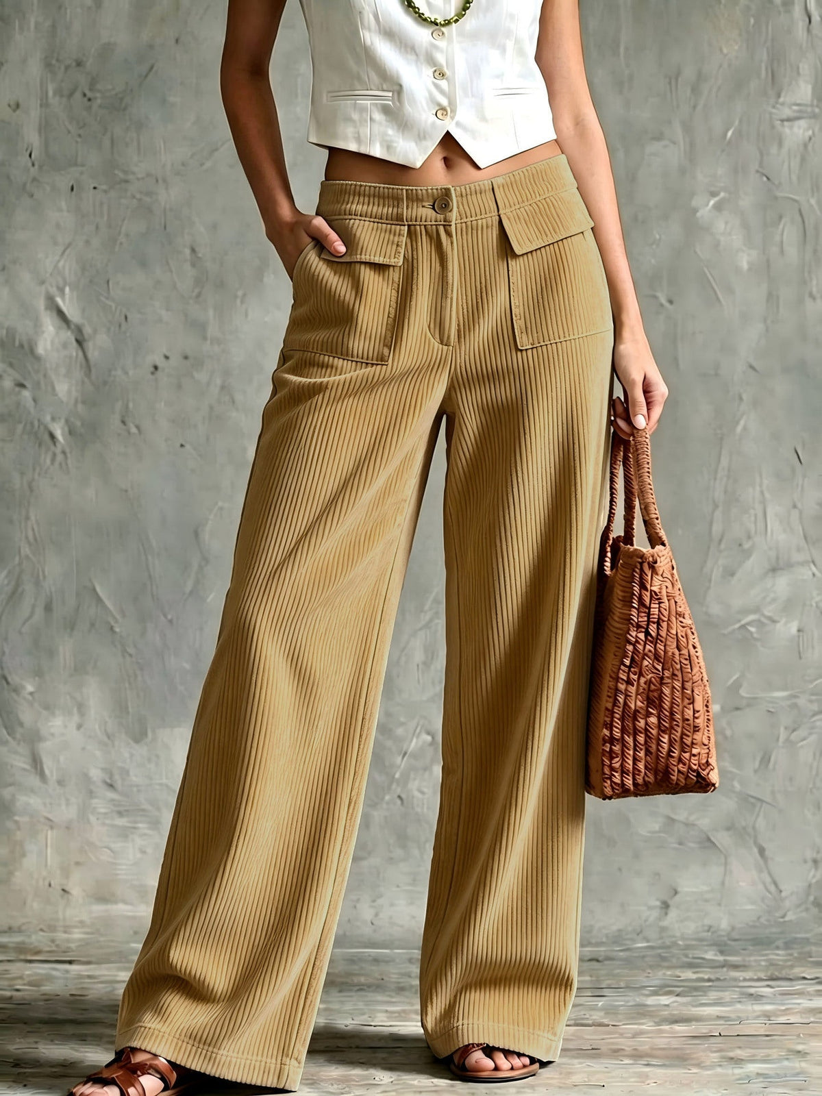 Women's Relaxed Wide-Leg Corduroy Trousers with Patch Pockets
