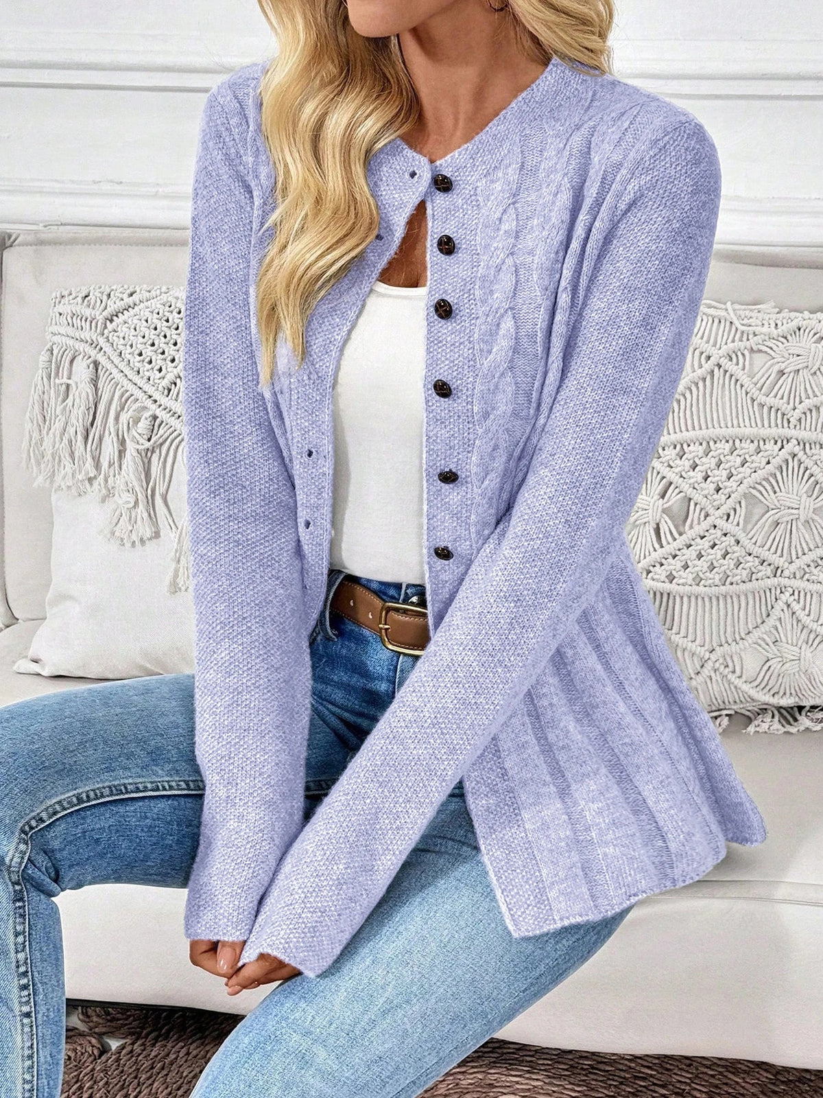 Women's Cable-Knit Fitted Peplum Button Cardigan