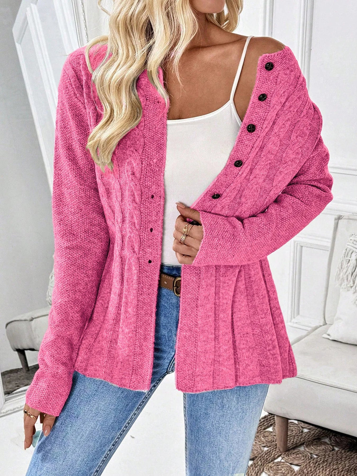 Women's Cable-Knit Fitted Peplum Button Cardigan