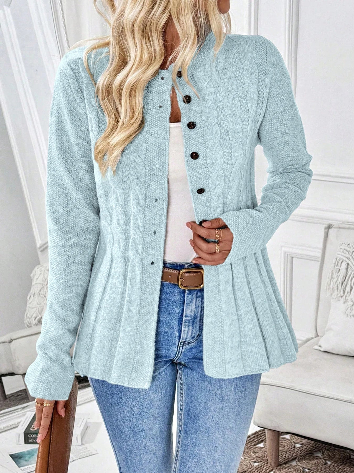 Women's Cable-Knit Fitted Peplum Button Cardigan