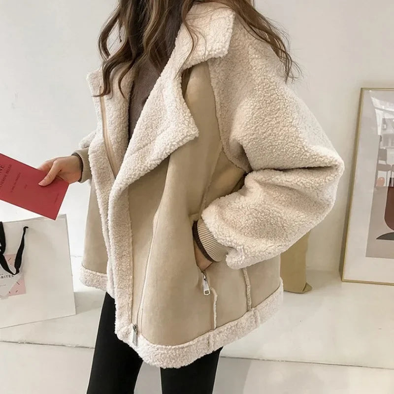 Women's Faux Suede Aviator Jacket with Faux Shearling Trim
