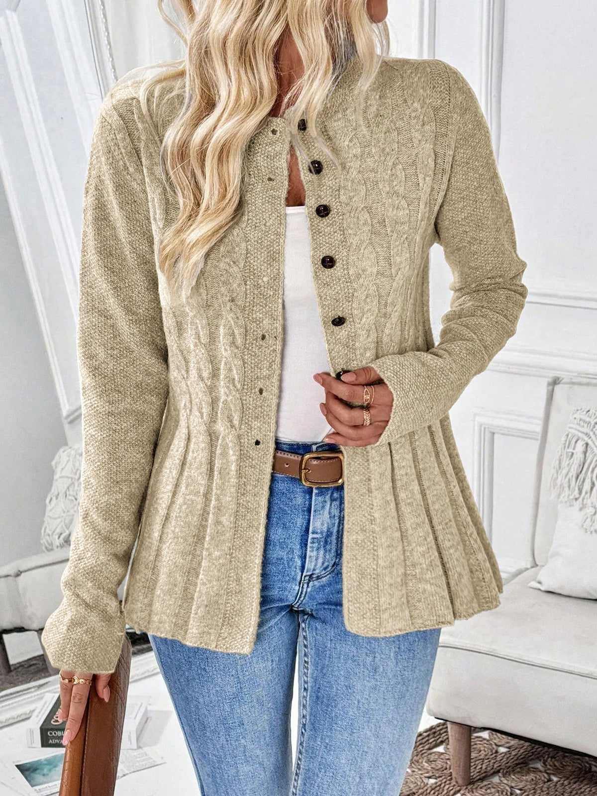 Women's Cable-Knit Fitted Peplum Button Cardigan