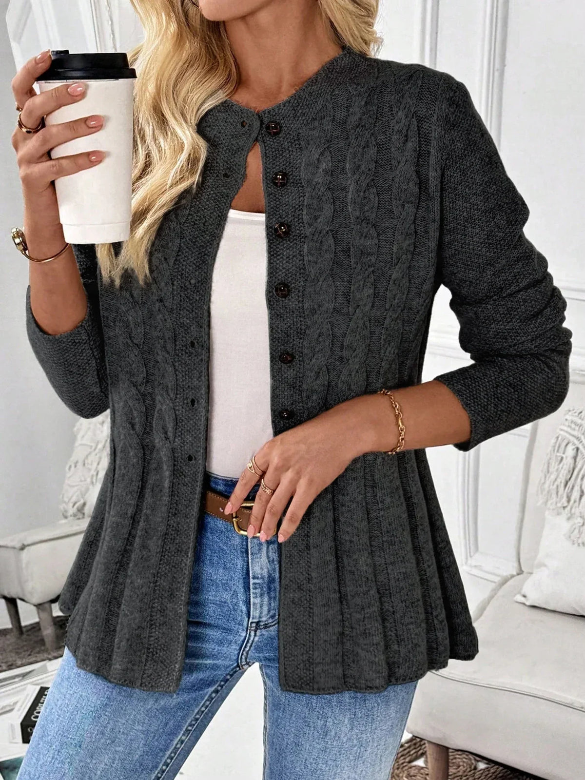Women's Cable-Knit Fitted Peplum Button Cardigan