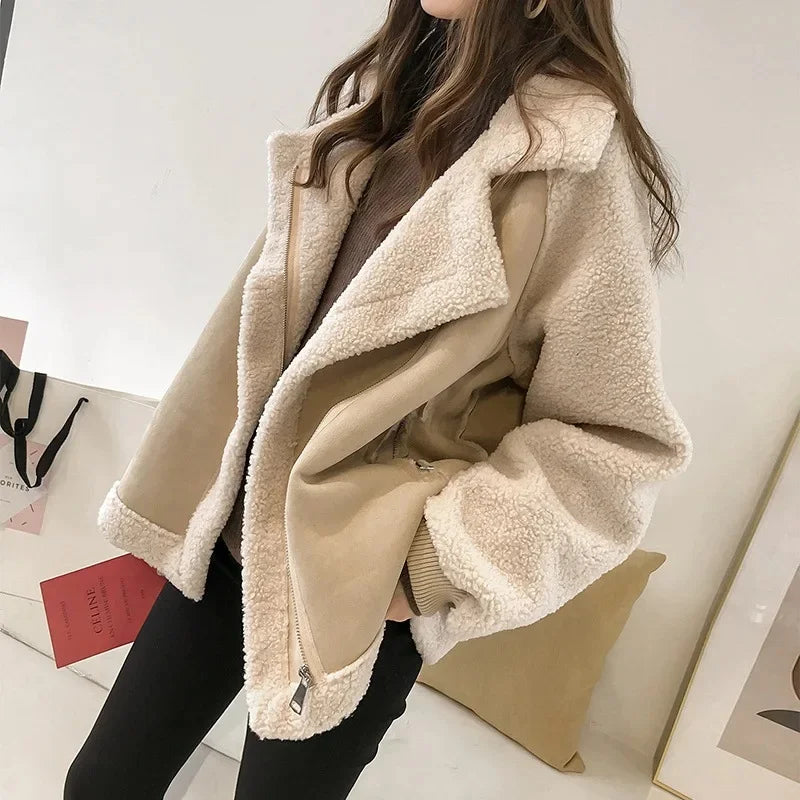 Women's Faux Suede Aviator Jacket with Faux Shearling Trim
