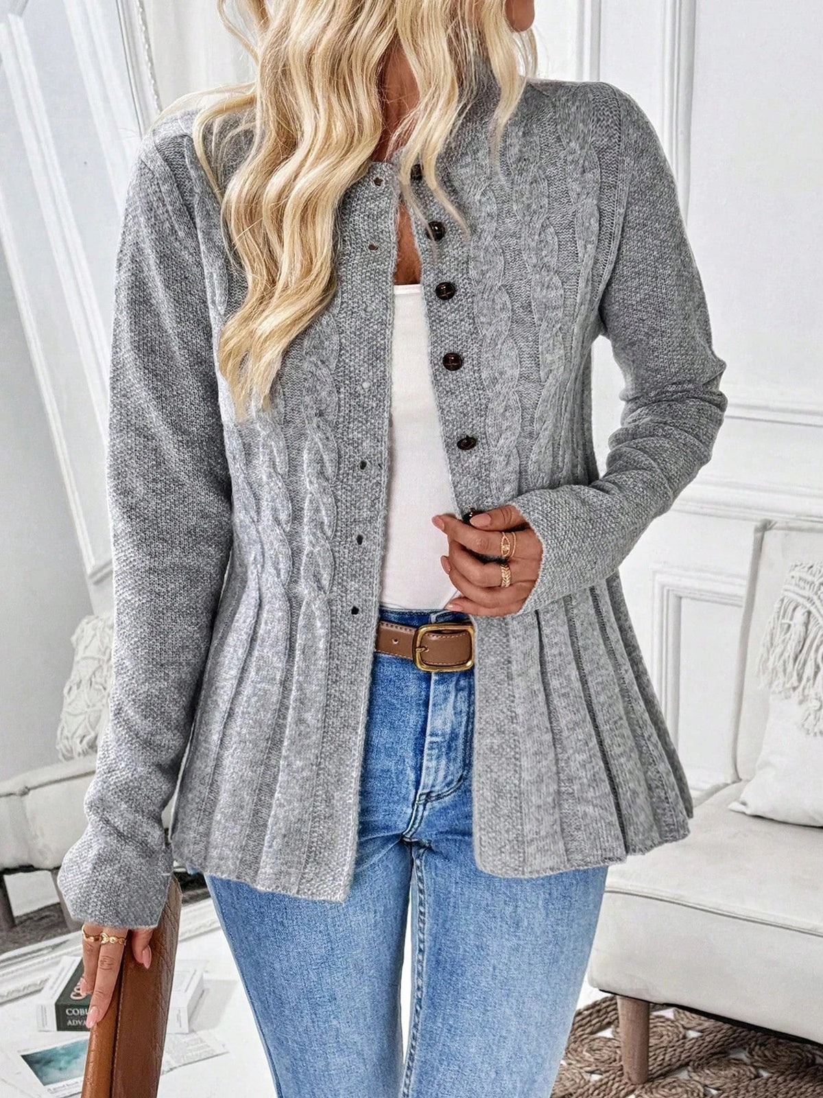 Women's Cable-Knit Fitted Peplum Button Cardigan