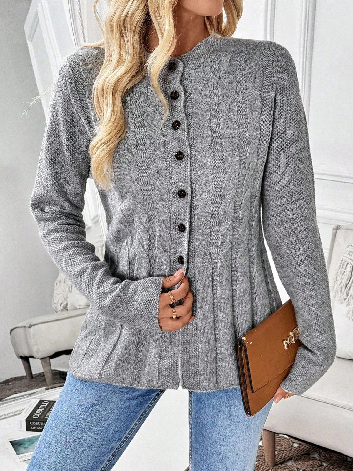 Women's Cable-Knit Fitted Peplum Button Cardigan