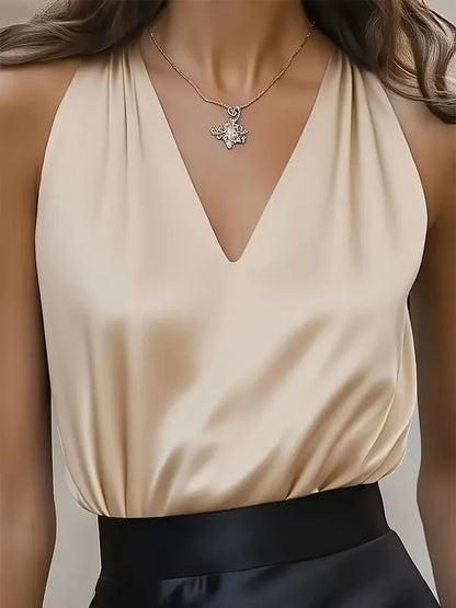 Women's Satin Halter-Neck Top with Plunge V