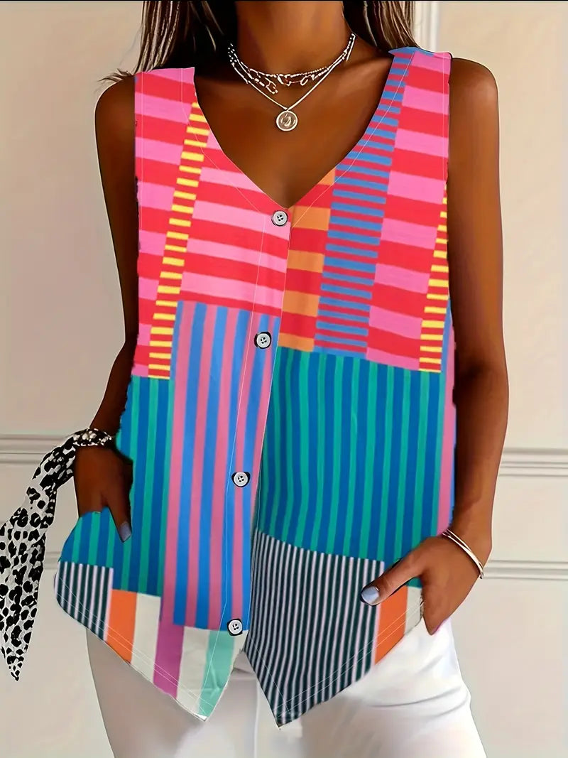 Women's Sleeveless Printed Button-Front Top