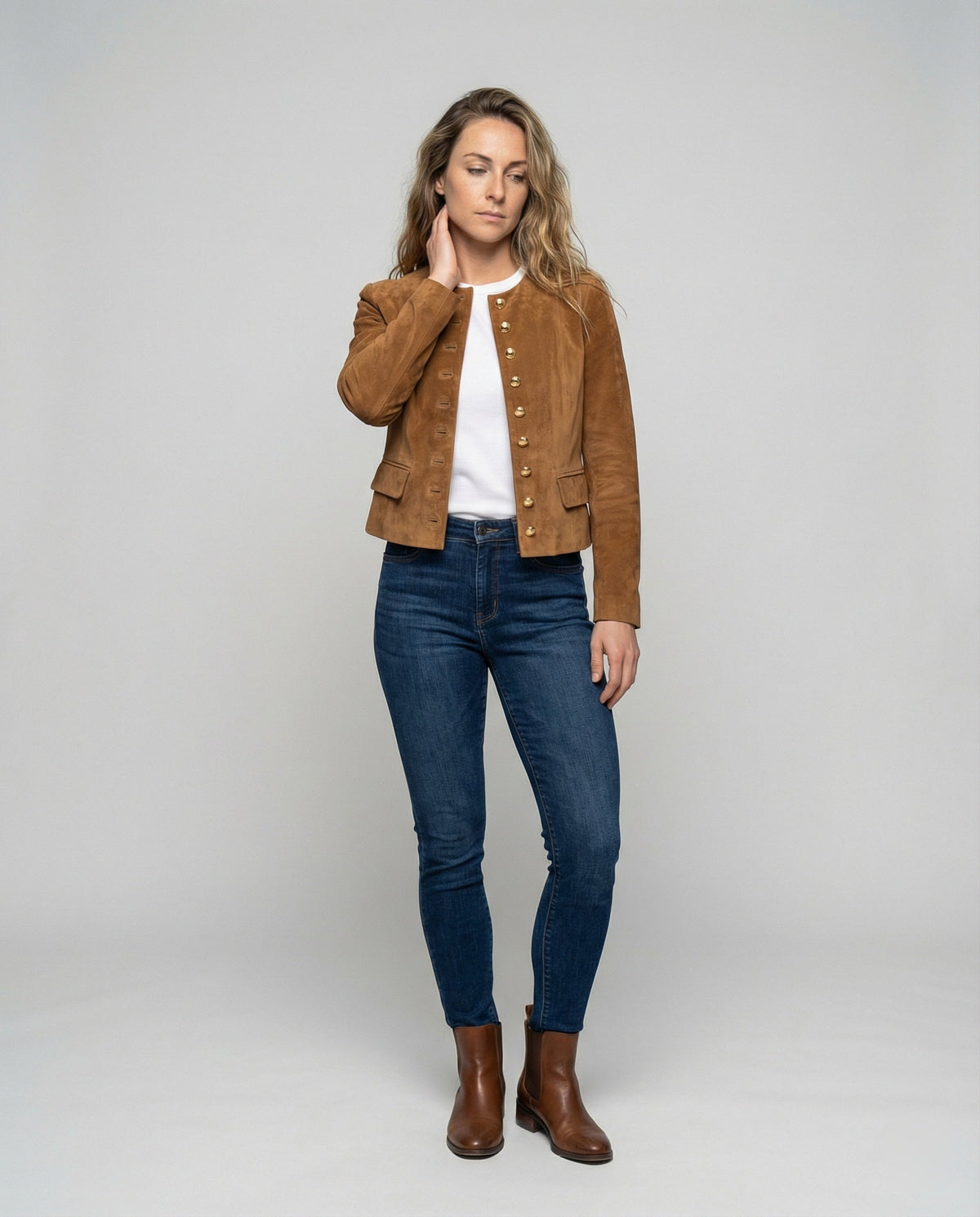 Women's Collarless Faux Suede Jacket with Gold Buttons