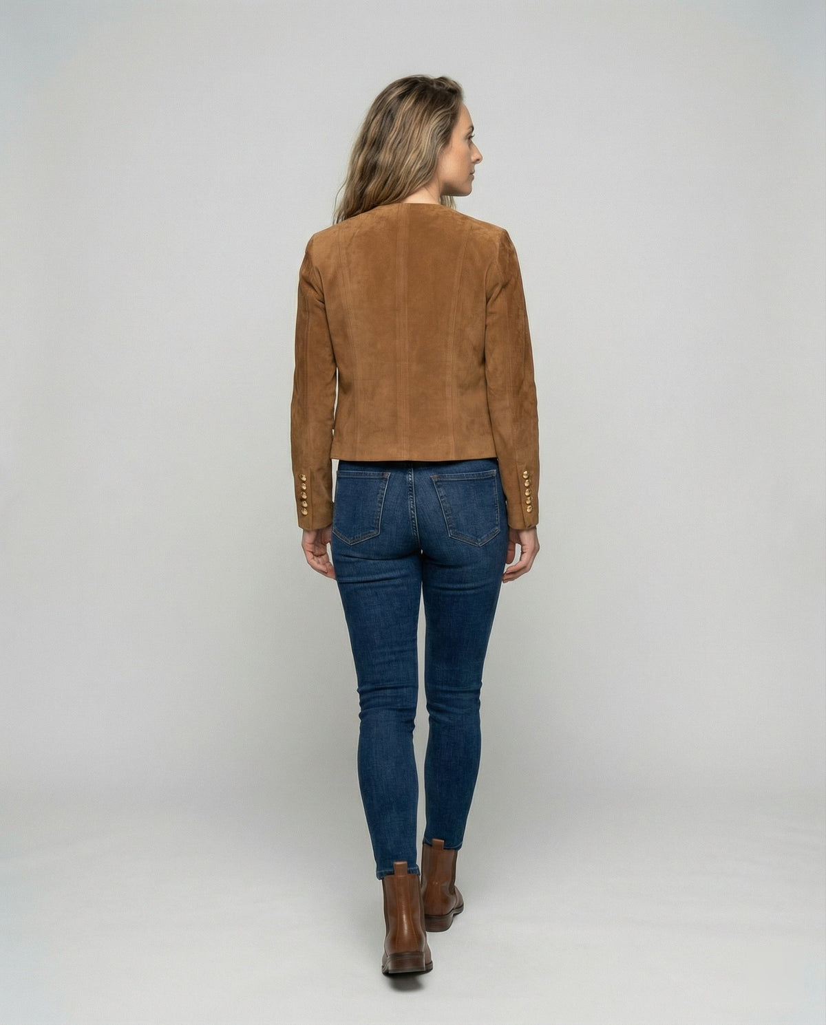 Women's Collarless Faux Suede Jacket with Gold Buttons