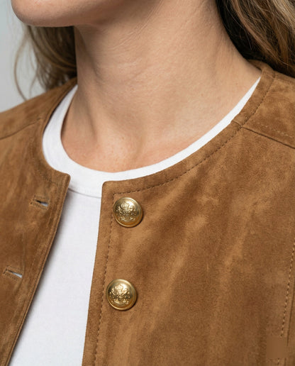 Women's Collarless Faux Suede Jacket with Gold Buttons