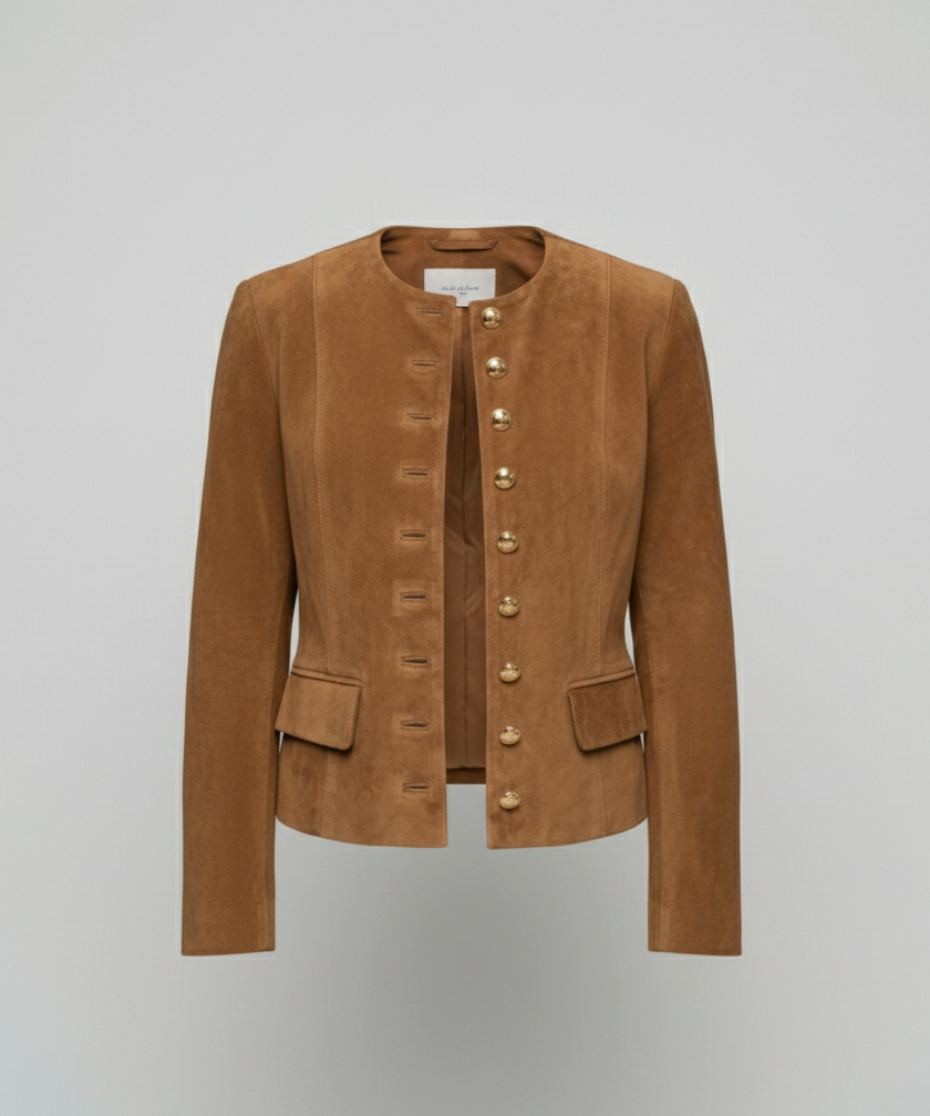 Women's Collarless Faux Suede Jacket with Gold Buttons