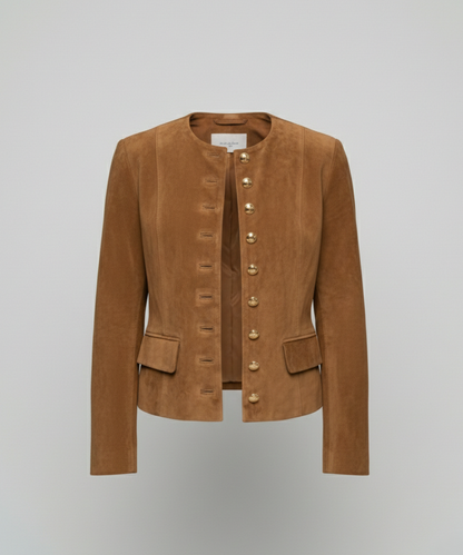 Women's Collarless Faux Suede Jacket with Gold Buttons