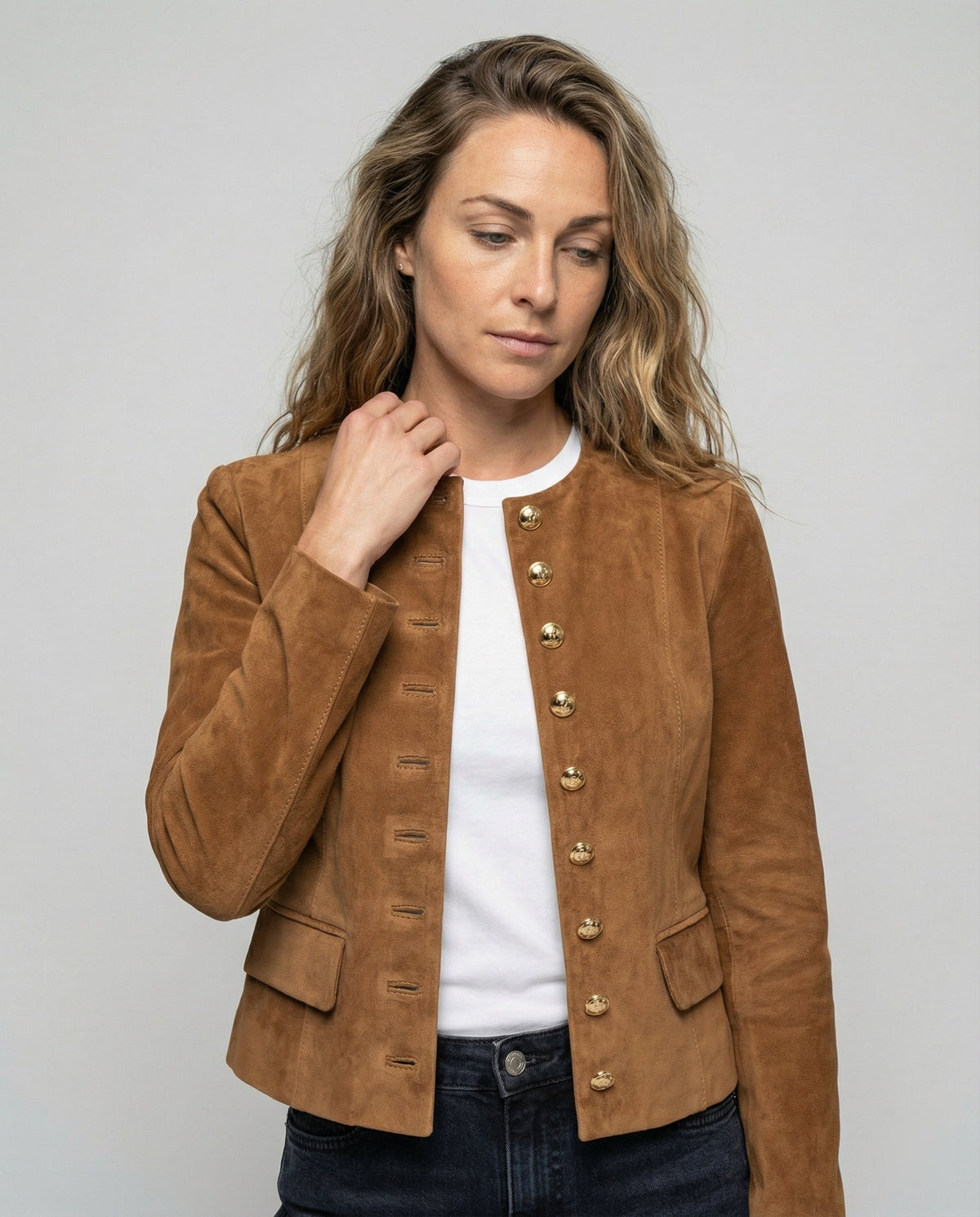 Women's Collarless Faux Suede Jacket with Gold Buttons