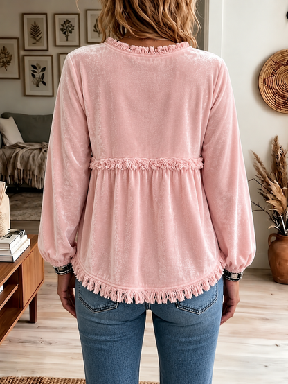 Women's Crushed Velvet Top with Fringe Trim