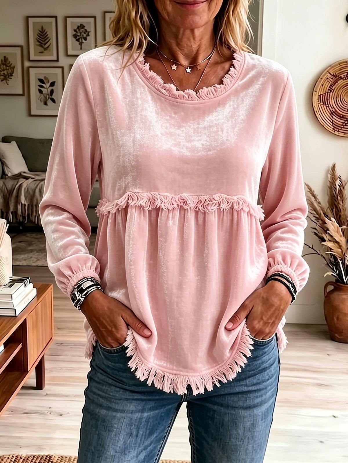 Women's Crushed Velvet Top with Fringe Trim
