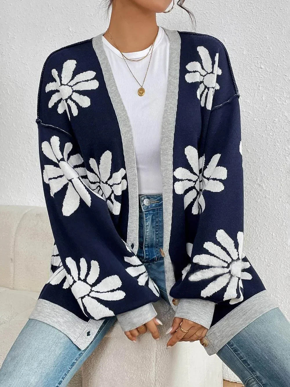Women's Oversized Floral Open-Front Knit Cardigan