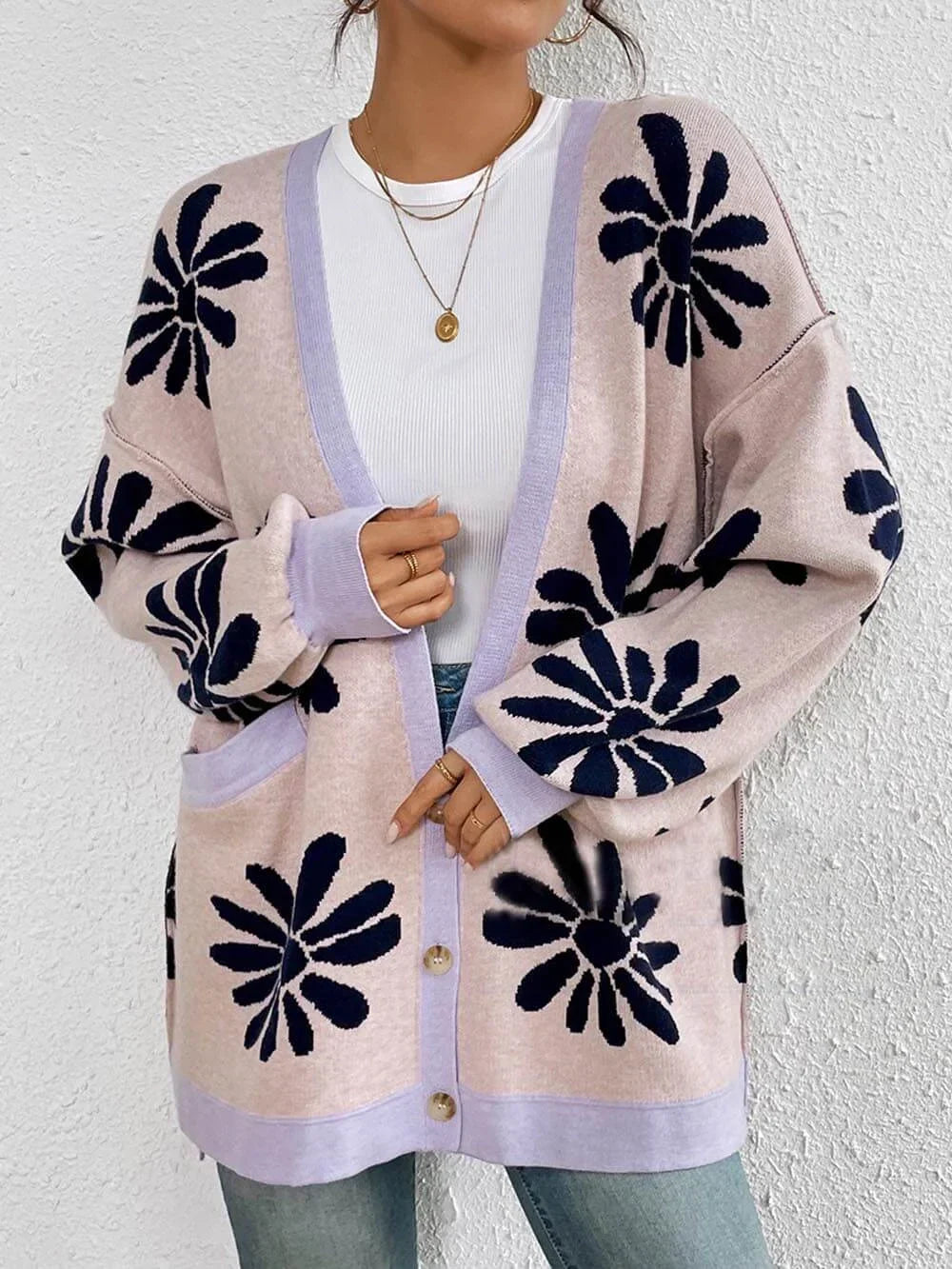 Women's Oversized Floral Open-Front Knit Cardigan
