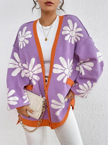 Women's Oversized Floral Open-Front Knit Cardigan