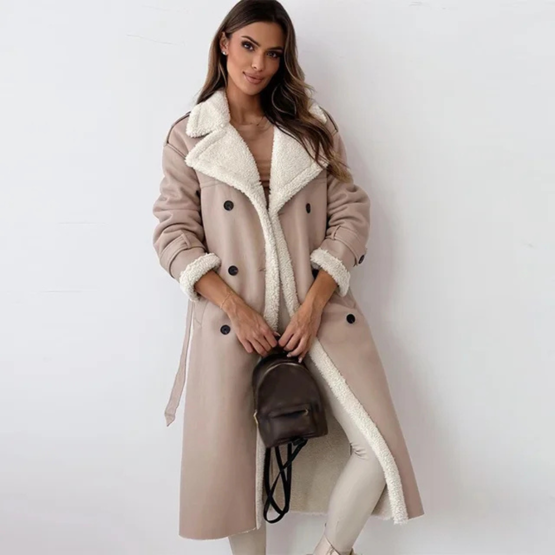 Women's Long Faux Shearling Coat with Suede-Look Finish and Belt
