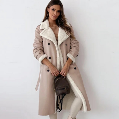 Women's Long Faux Shearling Coat with Suede-Look Finish and Belt