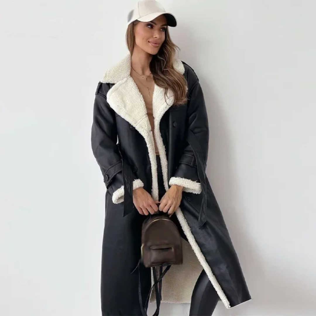 Women's Long Faux Shearling Coat with Suede-Look Finish and Belt