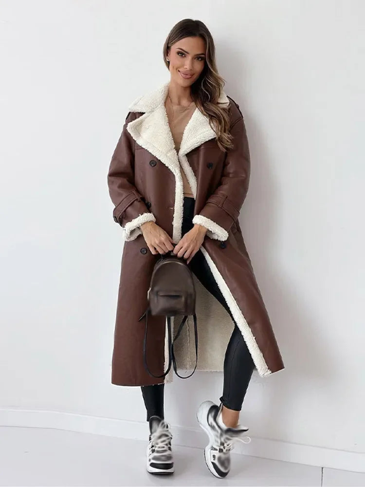 Women's Long Faux Shearling Coat with Suede-Look Finish and Belt