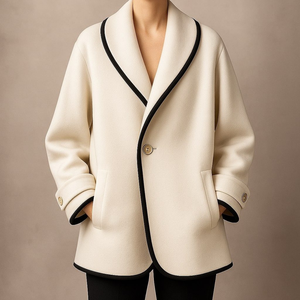 Women's Oversized Swing Coat with Contrast Trim and Lapel Collar