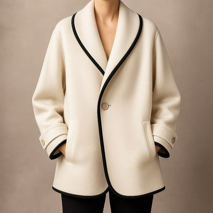 Women's Oversized Swing Coat with Contrast Trim and Lapel Collar