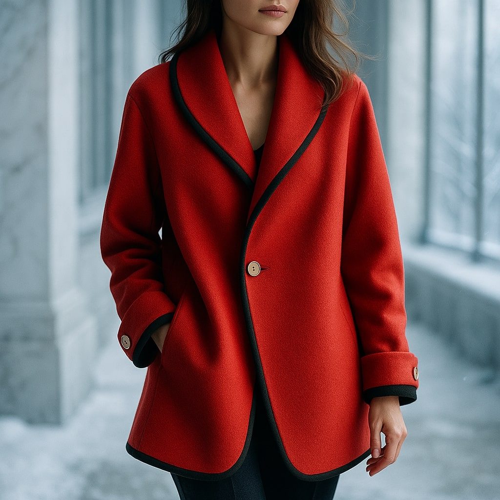 Women's Oversized Swing Coat with Contrast Trim and Lapel Collar