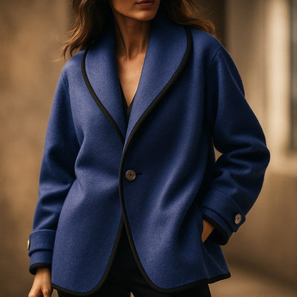 Women's Oversized Swing Coat with Contrast Trim and Lapel Collar
