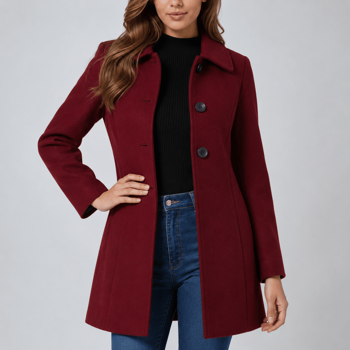 Women's Tailored Single-Breasted Midi Coat with Fitted Waist
