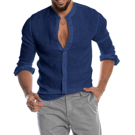 Heath - Chemise en lin à col montant pour homme, manches longues