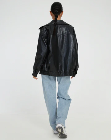 Women's Oversized Leather-Look Jacket with Collar