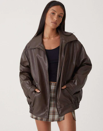 Women's Oversized Leather-Look Jacket with Collar