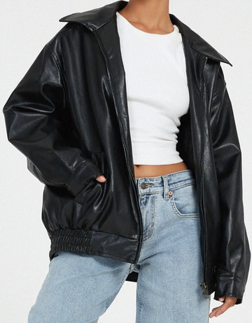 Women's Oversized Leather-Look Jacket with Collar