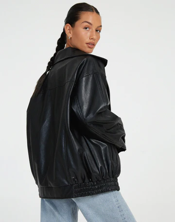 Women's Oversized Leather-Look Jacket with Collar